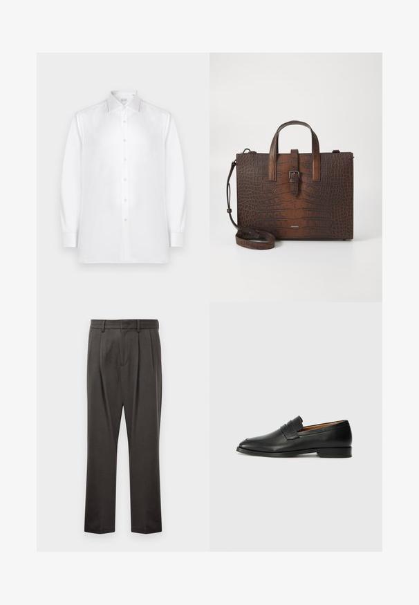 White long-sleeve button-up shirt made of smooth fabric, featuring a standard collar and a row of pearl-like buttons along the front.; Dark gray trousers made from textured fabric, featuring a flat front, pleats, straight legs, and belt loops. No visible hardware or patterns.; Black leather loafer with a rounded toe, subtle stitched detailing, and a low heel, featuring a smooth texture and minimalist design.; Brown crocodile-embossed leather handbag with top handles and a detachable shoulder strap. Features a buckle closure and rectangular shape.