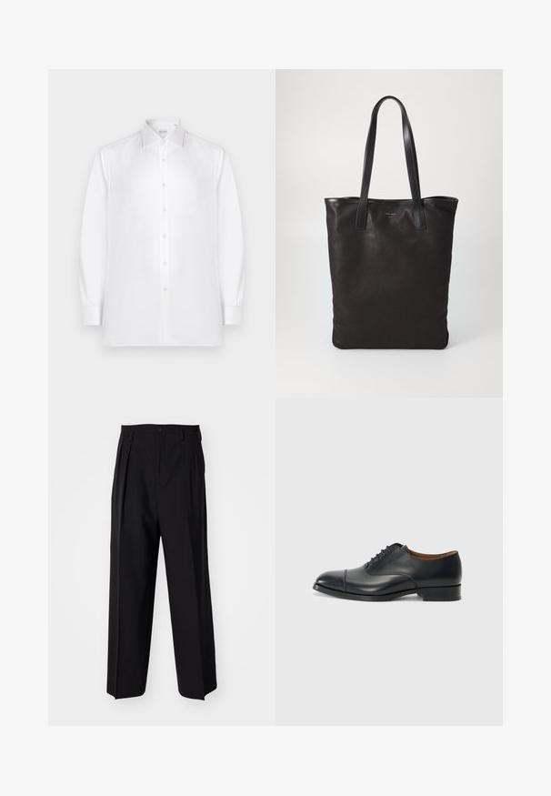 Camicia bianca a maniche lunghe con bottoni, realizzata in tessuto morbido, caratterizzata da un colletto standard e una fila di bottoni simili a perle sul davanti.; Pantaloni neri a pieghe con un design dritto e gamba larga. Realizzati in tessuto morbido, con chiusura a bottone e passanti per cintura.; Scarpa da donna nera in pelle con finitura liscia, punta arrotondata, cinque passanti per i lacci e tacco basso a blocco. Design minimalista con cuciture sottili.; Borsa tote in tela nera con manici in pelle nera. Design semplice, corpo spazioso e texture liscia. Nessun logo o motivo visibile.