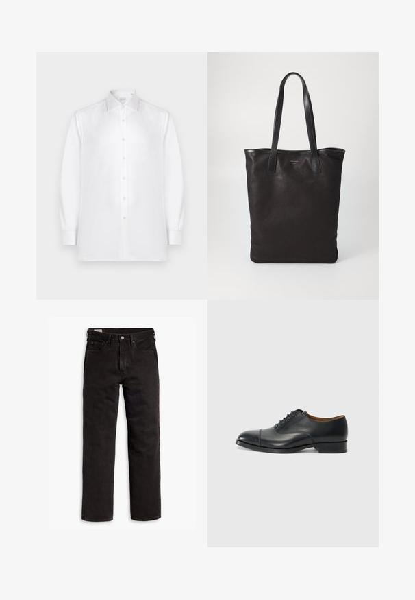 Camicia bianca a maniche lunghe con bottoni, realizzata in tessuto morbido, caratterizzata da un colletto standard e una fila di bottoni simili a perle sul davanti.; Jeans in denim neri a gamba dritta con cinque tasche, chiusura a bottone e passanti per cintura, adagiati su uno sfondo bianco.; Scarpa da donna nera in pelle con finitura liscia, punta arrotondata, cinque passanti per i lacci e tacco basso a blocco. Design minimalista con cuciture sottili.; Borsa tote in tela nera con manici in pelle nera. Design semplice, corpo spazioso e texture liscia. Nessun logo o motivo visibile.