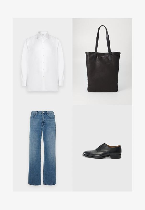 Witte langarm knoopshirt gemaakt van soepele stof, met een standaardkraag en een rij parelachtige knopen aan de voorkant.; Brede blauwe jeans van denim met een verouderde afwerking. Heeft vijf zakken, een sluiting met vooraan knoop en een rechte snit.; Zwarte leren dress shoe met een gladde afwerking, ronde neus, vijf gaten voor veters, en een lage blokhak. Minimalistisch ontwerp met subtiele stiksels.; Zwarte canvas schoudertas met zwarte leren handvaten. Eenvoudig ontwerp, ruime body en een gladde textuur. Geen zichtbare logo's of patronen.