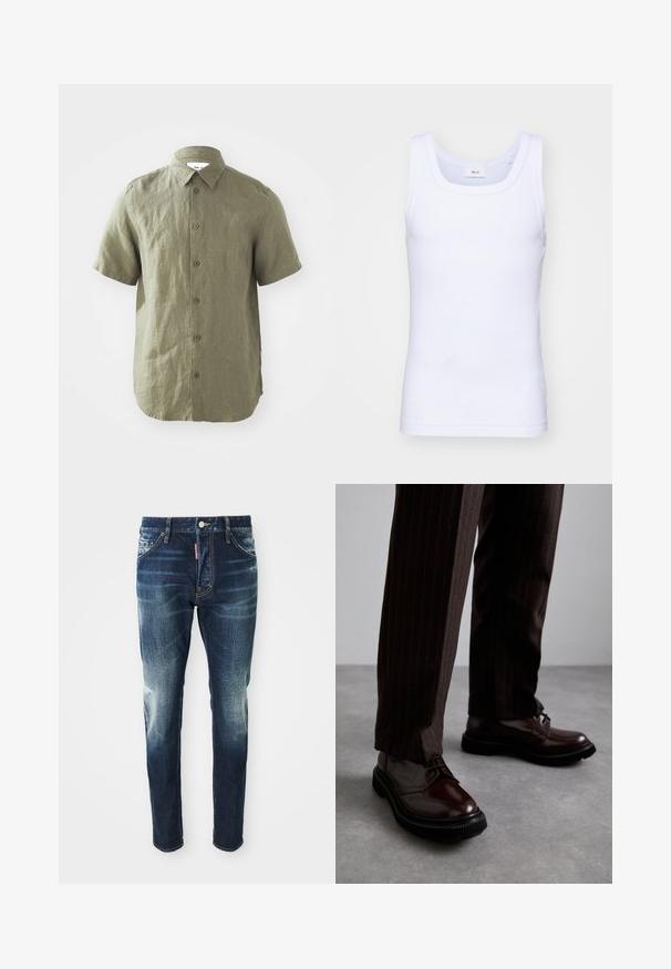 Olijfgroene shirt met korte mouwen van gestructureerde stof, met knoopsluiting aan de voorkant en kraag, zichtbaar stiksels en een gebogen zoom.; Witte katoenen mouwloze tanktop met een ronde halslijn, met een gladde textuur en een aansluitende pasvorm, ontworpen voor casual gebruik.; Donkerblauwe spijkerbroek met een slim fit, met vervaagde gebieden op de bovenbenen en knieën, vijf zakken en een metalen knoopsluiting.; Bruine leren veterschoenen met een glanzende afwerking, zwarte rubberen zool en subtiele stiksels. Draag ze met bruin gestreepte broek.