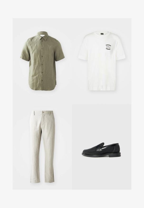 Camicia verde oliva a maniche corte realizzata in tessuto testurizzato, con bottone frontale e colletto, cuciture visibili e orlo curvo.; T-shirt bianca in cotone con collo rotondo e maniche corte. Presenta un logo ricamato nero sul lato sinistro del petto. Texture liscia.; Pantaloni in lino beige chiaro con taglio dritto, sottile texture, chiusura frontale con bottone e due tasche laterali. Progettati per una silhouette pulita.; Scarpa nera a mocassino intrecciata con un accentuato in pelle liscia sulla parte superiore, design a punta rotonda e suola in gomma a profilo basso.