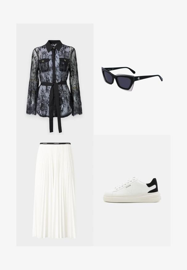 Čierna čipkovaná blúzka s dlhými rukávmi, gombíkovými náprsníkmi, klasickým golierom a látkovým opaskom viazaným v páse. Priehľadný dizajn.; Plisovaná biela sukňa s čiernym elastickým pásom s logom "LACOSTE". Sukňa je stredne dlhá a má mäkkú textúru.; Biele kožené tenisky s hrubou bielou podrážkou, čiernym zamekom na päte a vyrazeným logom na boku. Šnurovací dizajn so šiestimi očkami.; Čierne oversized slnečné okuliare s geometrickým tvarom, s tmavými šošovkami a kontrastným šedým detailom na ráme. Logo na mostíku.