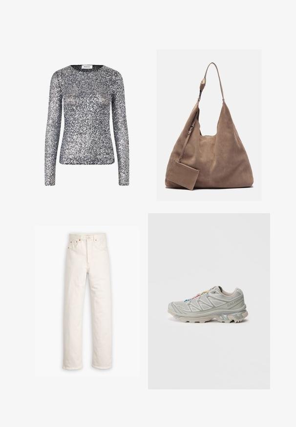 Μακρυμάνικη ασημένια μπλούζα με παγιέτες και στρογγυλή λαιμόκοψη. Το ύφασμα είναι καλυμμένο με μικρές, ανακλαστικές παγιέτες, δημιουργώντας μια λαμπερή υφή.; Λευκά τζιν παντελόνια με ίσια γραμμή, πέντε τσέπες και αξεσουάρ από χαλκό. Τελείωμα με ακατέργαστο στρίφωμα στους αστραγάλους.; Ανοιχτό γκρι αθλητικό παπούτσι με υφασμάτινο άνω μέρος με υφή, ανακλαστικές λεπτομέρειες, χαρακτηριστική σόλα και πολύχρωμα κορδόνια. Περιλαμβάνει υποστηρικτική σχεδίαση.; Zign LEATHER - Τσάντα Tote - light brown