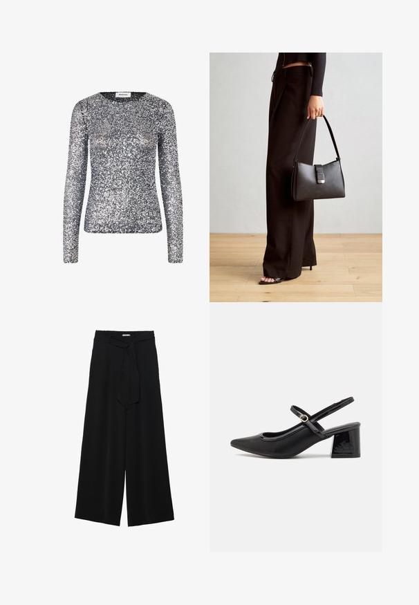 Dlhý rukáv strieborný top s flitrami a okrúhlym výstrihom. Tkanina je pokrytá malými, reflexnými flitrami, ktoré vytvárajú lesklú textúru.; Čierne široké nohavice s textúrovanou tkaninou, elastickým pásom a odnímateľným viazaním na páse pre nastaviteľné priliehanie.; Čierne lakované kožené lodičky so slingback dizajnom, špicatou špičkou, zaobleným výrezom a blokovým podpätkom. Obsahuje akcent zlatého tónu s prackou.; Čierna kabelka so štruktúrovaným tvarom, hladkou textúrou a kovovou sponou. V kombinácii so širokými čiernymi nohavicami a sandálmi s otvorenou špičkou na drevenej podlahe.