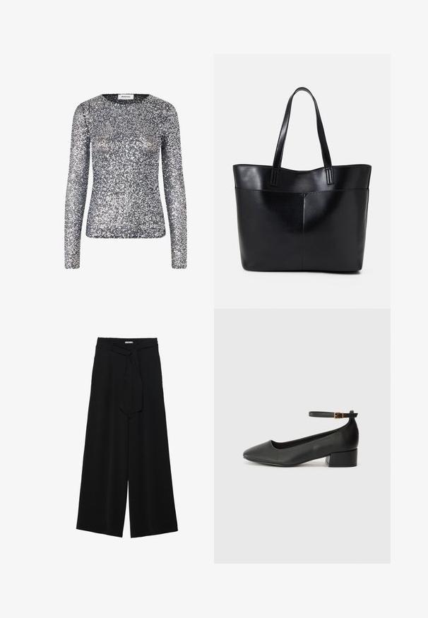 Top a maniche lunghe con paillettes argento e scollatura rotonda. Il tessuto è coperto da piccole paillettes riflettenti, creando una texture luccicante.; Pantaloni neri a gamba larga caratterizzati da un tessuto testurizzato, una vita elastica e una cintura staccabile per una vestibilità regolabile.; Pump in pelle nera con punta affusolata e tacco basso a blocco. Presenta una cinghia alla caviglia con una fibbia in tonalità oro. Texture liscia.; Borsa a tracolla in pelle nera con due manici lunghi, una texture liscia e una forma strutturata. Presenta una tasca frontale per ulteriore spazio di archiviazione.