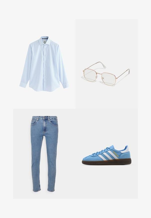 Camicia a maniche lunghe a quadretti blu con colletto button-down, realizzata in tessuto leggero, con bottoni bianchi e orlo curvo.; Jeans slim-fit azzurri chiari con bottone frontale e zip, tasche anteriori e posteriori, esposti su sfondo bianco.; Sneakers in suede azzurro chiaro con strisce in pelle bianca, suola marrone texturizzata e dettaglio logo dorato. Design basso con punta tonda.; Occhiali rettangolari con una sottile montatura in metallo color oro rosa. Lenti trasparenti, punte delle aste trasparenti e dettagli delicati attorno alle lenti.