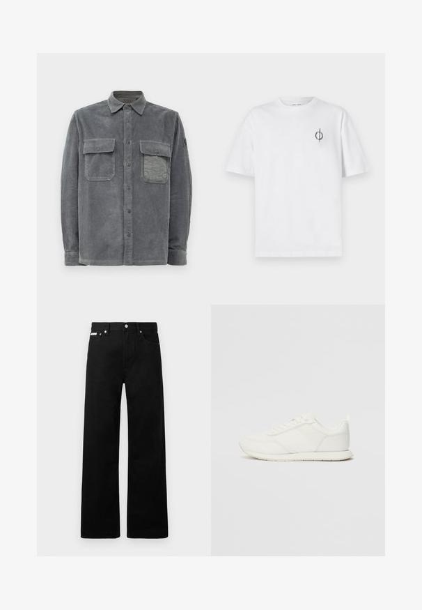 Camisa de corduroy cinza com fecho de botões na frente, dois bolsos no peito e uma superfície texturizada com riscas verticais.; Camisa de algodão branca com um corte relaxado, apresentando um pequeno logótipo gráfico preto na área do peito esquerdo. Mangas curtas, estilo de gola redonda.; Calças de ganga pretas com um design de pernas largas, apresentando cinco bolsos e fechos metálicos. Textura suave, sem padrões visíveis.; Sapatilha branca com parte superior em malha e sintético, bico arredondado, atacadores planos e uma faixa lateral texturizada. Sola em borracha com uma alça na parte de trás.