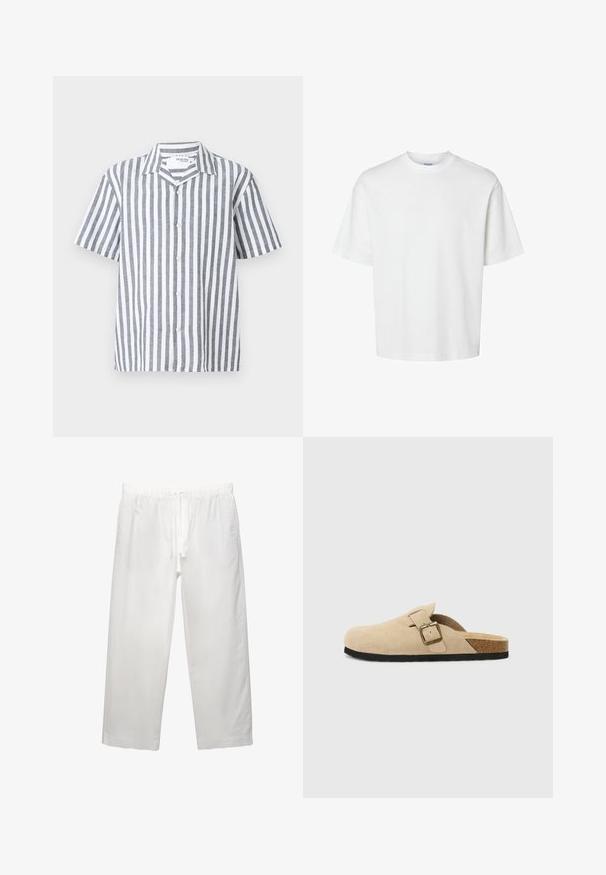 Lekką, lnianą koszulę z krótkim rękawem w szare i białe pionowe paski, z zapięciem na guziki z przodu i spiczastym kołnierzykiem. Lekki materiał o gładkiej teksturze.; Biała bawełniana koszulka z krótkim rękawem, okrągłym dekoltem i luźnym krojem. Gładka struktura bez widocznych wzorów czy akcentów.; Białe lniane spodnie z elastycznym pasem i sznurkiem, szerokimi nogawkami i czystymi szwami. Gładka tekstura z luźnym krojem.; Beżowe zamszowe klapki z korkową wkładką, zaokrąglonym noskiem i prostym paskiem z złotym zapięciem. Gumowa podeszwa zapewniająca przyczepność.