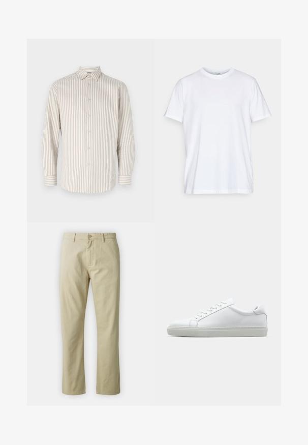 Bežinė dryžuota ilgomis rankovėmis marškiniai, su mygtukais užsegamu apykakle ir mygtukų užsegimais, pasižymi siaurais pakaitiniais dryžiais tekstūruotoje medžiagoje.; Balta medvilnė marškinėliai su trumpos rankovėmis, apvali iškirptė ir laisvas kirpimas. Yra minimalistinio dizaino, be raštų ar akcentų.; Bežiniai medvilniniai kelnės su tiesiais blauzdomis, priekyje su mygtukų uždarymu ir diržo kilpomis. Lygus paviršius, nėra matomų raštų ar akcentų.; Baltas sportinis batelis su lygiu odiniu paviršiumi ir žemu profiliu. Turi suapvalintą pirštą, šešis akių skyrius ir tekstūruotą gumos padą.