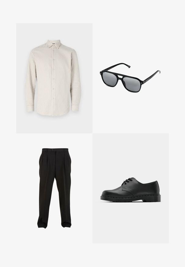 Beige gestreept overhemd met lange mouwen, gekenmerkt door een kraag met knopen en knoopsluitingen, voorzien van smalle afwisselende strepen in een gebroken stof.; Zwarte broek van gladde stof, met voorplooien, een knopenband en taps toelopende enkelboorden. Klassieke taillering.; Zwarte leren oxford schoenen met vetersluiting, ronde neus, platte rubberen zool en subtiele stiksel details langs het bovenwerk.; Zwarte zonnebril met rechthoekige montuur, grijs getinte glazen en een uitgesneden ontwerp bij de neusbrug. Strak, glanzend kunststof materiaal met smalle veren.