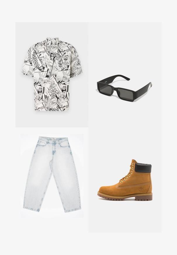 Trumpu rankoviu marškiniai, pagaminti iš lengvos medžiagos, su juodai baltu komiksų spaudiniu, kuriame yra įvairių panelių ir kalbėjimo burbulų.; Šviesiai mėlynos džinsinės kelnės su laisvu, plačiu siluetu. Yra penki kišenės, mygtukų uždarymas ir siuvinėti akcentai. Nublukusi tekstūra ir tiesios kojos.; Tan spalvą turintys suknelės batus iki kulkšnies su juodu paminkštintu apvadu, auksiniais metaliniais akių užsegimais, baltais siūlų dekoratyviniais elementais ir tvirtu guminiu padu su ryškiai išreikštais raštais.; Juodos saulės akinių su stačiakampiais lęšiais, matinio plastiko rėmas ir tiesios briaunos. Vidinėje rankovėje yra prekės ženklo logotipas.