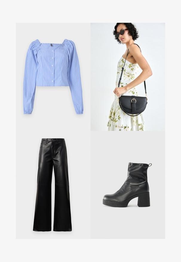 Svetlomodrá skrátená košeľa s bielymi vertikálnymi prúžkami, štvorcovým výstrihom, dlhými puff rukávmi a zapínaním na gombíky. Vyrobená z mäkkej tkaniny.; Čierne vysokopriestené široké nohavice z umelého kože s predným gombíkom, zipsom, pútkami na opasok a bočnými vreckami na bielom pozadí.; Čierne členkové topánky z hladkej kože, so bočným zipsom, robustnou textúrovanou pätnou časťou a zaobleným dizajnom špičky.; Čierna kožená kabelka s zaobleným tvarom, odnímateľným popruhom a zlatými doplnkami. Kabelka má klopu s detailom s prackou.