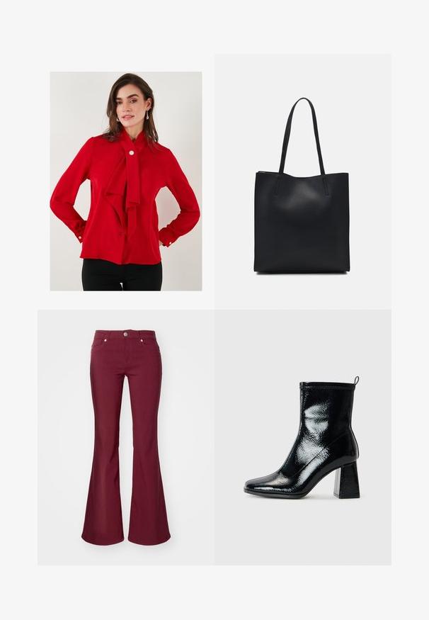 Rote Bluse aus glattem Stoff mit einer gebundenen Schleife am Kragen, langen Ärmeln mit geknöpften Manschetten und einem einzigen Knopfverschluss am Hals.; Bordeauxfarbene Schlagjeans mit glatter Textur, fünf Taschen und einem Knopfverschluss an der Taille. Merkmale sind eine taillierte Taille und weite Beine.; Schwarze Lack-Ankle-Boots mit quadratischer Zehenform und klobigem geometrischem Absatz. Sie verfügen über eine glatte, glänzende Textur und eine Zuglasche an der Rückseite für einfaches Anziehen.; Schwarze Laptoptasche aus Leder mit glatter Textur, rechteckiger Form und zwei langen Griffen. Keine sichtbaren Beschläge oder Verzierungen.