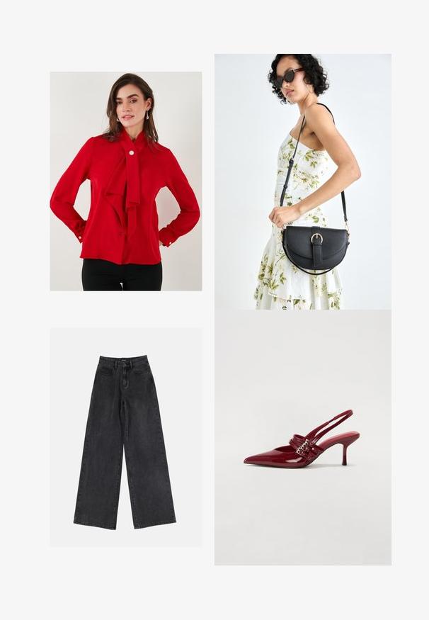 Rode blouse van gladde stof met een strik bij de kraag, lange mouwen met knoopmanchetten en een enkele knoopsluiting bij de hals.; Zwarte wide-leg denim jeans met een hoge taille, klassiek vijf-pocket ontwerp en subtiele vervaging. Duurzame stof met een soepele textuur.; Rode gepatenteerde leren slingbackhakken met een spitse neus, twee gespsluitingen en een slanke, middelhoge stilettohak. Glad textuur.; Zwarte leren handtas met een gebogen vorm, afneembare schouderband en gouden hardware. De tas heeft een klep met een gespsluiting.