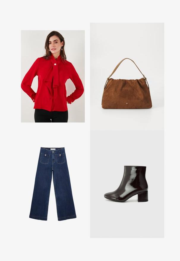 Rote Bluse aus glattem Stoff mit einer gebundenen Schleife am Kragen, langen Ärmeln mit geknöpften Manschetten und einem einzigen Knopfverschluss am Hals.; Dunkelblaue weite Jeans aus Denim, mit zwei vorderen Taschen und dekorativen Knöpfen, sowie einem geraden Saum.; Schwarze Lackleder-Stiefeletten mit spitzer Zehe und einem klobigen Absatz. Glatte Textur mit einem dezenten Glanz und klaren Linien, minimalistisches Design.; Braune Wildlederhandtasche mit einem gerafften Design, ausgestattet mit einem einzelnen hellbraunen Ledertragegurt und einem subtilen goldenen Logo-Detail auf der Vorderseite.