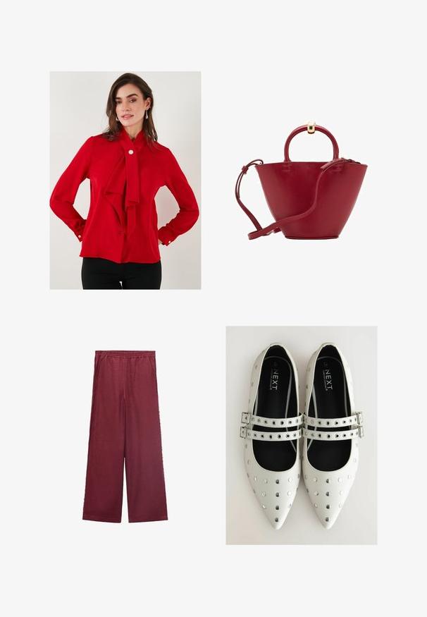 Rote Bluse aus glattem Stoff mit einer gebundenen Schleife am Kragen, langen Ärmeln mit geknöpften Manschetten und einem einzigen Knopfverschluss am Hals.; Burgunderfarbene weit geschnittene Hose aus weichem Material, mit einem elastischen Bund, zwei Seitentaschen und einer lässigen Silhouette.; Weiße Lederflachschuhe mit spitzen Zehen, ausgestattet mit silbernen Nieten und zwei Riemen mit Schnallen über dem Spann. Schwarze Innenausstattung.; Rote Lederhandtasche mit abgerundetem Oberteil, strukturierter Kegelform, einem kurzen Henkel und einem abnehmbaren Schultergurt. Verfügt über Akzente aus goldfarbener Hardware.