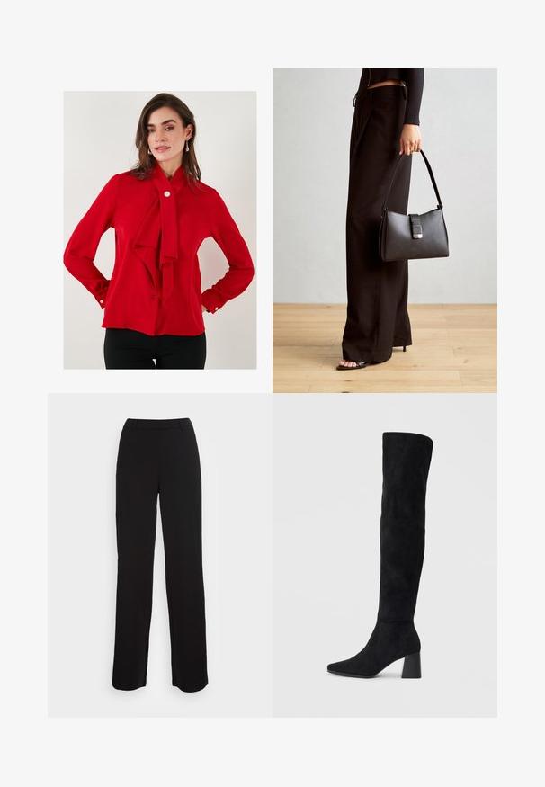 Raudona bluzelė, pagaminta iš lygaus audinio, su kaklo raišteliu, ilgomis rankovėmis su mygtukais rankogaliuose ir vienu mygtuku užsegimui ant kaklo.; Juodi kelnių su tiesiu pjūviu dizainu, lygiu paviršiumi ir prigludusia juosta. Yra priekiniai kišeniai ir minimalus siuvimo detalė.; Juoda zomšinė kelio ilgio batai su blokuotu kulnu, smailiu nosiu ir lygiu, be siūlių dizainu ant paprastos šviesios fono.; Juodas rankinė struktūrizuota forma, lygi tekstūra ir metalinis užsegimas. Suporuota su plačiomis juodomis kelnėmis ir atvirais bateliais ant medinių grindų.