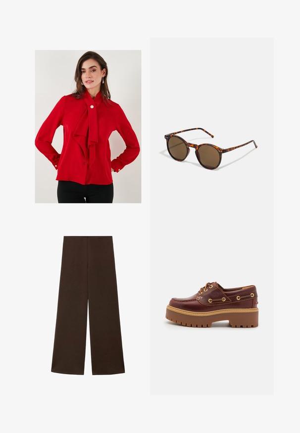 Červená blúzka vyrobená z hladkej tkaniny s uzlom na golieri, dlhé rukávy s gombíkovým manžetami a jedným gombíkom na zapínanie na krku.; Široké nohavice vyrobené z hladkej, tmavohnedej tkaniny. Majú vysoký pás a minimalistický dizajn bez ozdôb.; Hnedé kožené člunkové topánky s masívnou hnedou gumovou podrážkou, zlatými okami a kontrastným prešívaním. Obsahuje logo na boku.; Kulaté slnečné okuliare s rámom z korytnačiny a hnedými sklami. Majú tenké nožičky s jemnou textúrou a kovovými akcentmi blízko skiel.