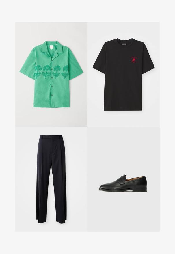 Camisa de manga corta verde, hecha de una tela suave, con bordado floral en verde oscuro en la parte frontal, cierre de botones y cuello clásico.; Camiseta de algodón negra con cuello redondo y mangas cortas; presenta un logo bordado en rojo de "Emporio Armani" y un corazón en la zona del pecho.; Pantalones negros de tiro alto con corte de pierna ancha, confeccionados en una tela suave. Presenta pliegues en la parte delantera y trabillas para cinturón. Diseño minimalista, sin hardware visible.; Mocasín de cuero negro con punta redonda, detalles de costura sutil y un tacón bajo, que presenta una textura suave y un diseño minimalista.
