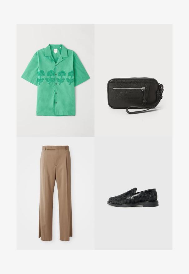 Rövid ujjú zöld ing, puha anyagból készült, sötétzöld virágmintás hímzéssel az elején, gombos záródással és klasszikus gallérral.; Világosbarna, testhez szabott nadrág egyenes szabással, övfokkal, elülső varrással és rejtett záródással, fehér háttéren laposan elhelyezve.; Fekete szőtt slip-on cipő sima bőr díszítéssel a felsőrészen, kerek orral és alacsony profilos gumitalppal.; Fekete bőr kézitáska texturált felülettel, elülső cipzáras zsebbel és levehető csuklópánttal. Elől logóval ellátott folt található. Téglalap alakú.