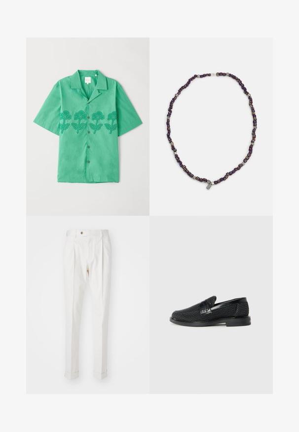 Cămașă cu mânecă scurtă, verde, dintr-un material moale, cu broderie florală în verde închis pe față, închidere cu nasturi și guler clasic.; Pantaloni albi, croiți pe măsură, cu un front plat, două plii și manșete rulate. Realizați dintr-un material neted, cu închidere cu nasture la talie.; Pantofii negri din material textil, cu accent din piele netedă pe partea superioară, design cu vârf rotund și talpă din cauciuc de profil redus.; Colier din mărgele multicolore cu mărgele de culoare albastru închis, roșu și galben, intercalate cu accente de argint și un pandantiv care atârnă.