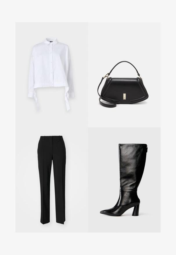 Biała, krótka koszula zapinana na guziki, wykonana z gładkiego materiału, z długimi rękawami, kołnierzykiem typu point oraz wiązaniami przy mankietach.; Czarne spodnie o dopasowanym kroju z prostymi nogawkami, o gładkiej fakturze i wyraźnych zagięciach z przodu. Bez widocznych elementów metalowych.; Czarny skórzany but do kolan z ostro zakończonym noskiem, gładką fakturą i grubym obcasem. Posiada zamek z tyłu.; Czarna skórzana torebka o strukturalnym designie, z przyciętą formą, górnym uchwytem i złotymi akcentami. W zestawie regulowany pasek na ramię.