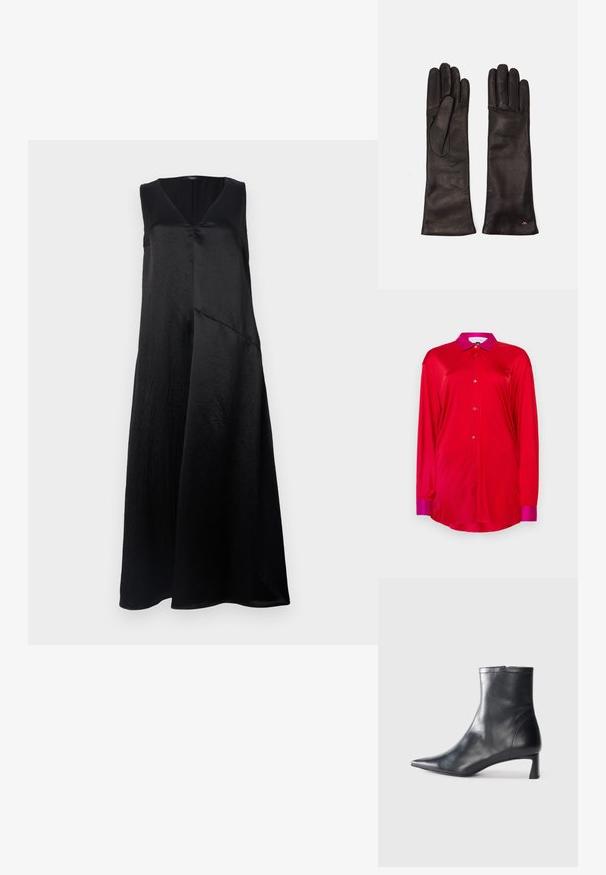 Červená košile s dlouhými rukávy, vyrobená z hladkého materiálu, s kontrastním růžovým límečkem a manžetami, s knoflíkovou légou a volnější siluetou.; Černé bezramínkové šaty s výstřihem do V, vyrobené z hladké tkaniny, s volným střihem a asymetrickým lemem. Jemný lesk je patrný.; Černé kožené kotníkové boty s špičatou špičkou a elegantním designem. Mají nízký podpatek a zipové zapínání na zadní straně. Hladká textura.; Weekend Max Mara SENAPE - Rukavice - nero; Weekend Max Mara SENAPE - Rukavice - nero
