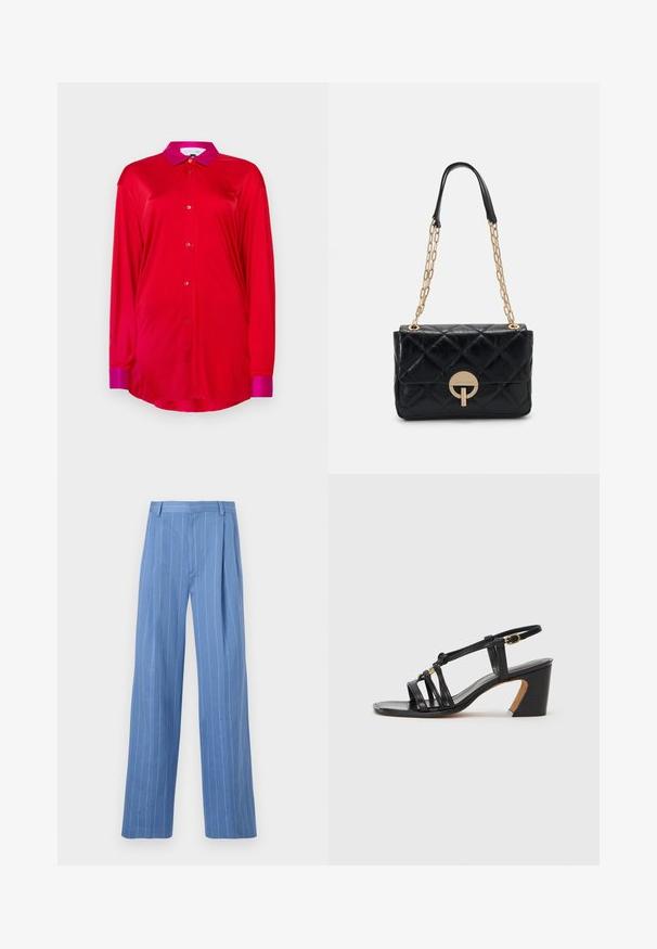 Punane pika varrukaga särk siledast kangast, kontrastse roosa krae ja mansettidega, nupuga esiosaga ja vabalt lõigatud. ; Heledad sinine laia jalgadega püksid, millel on vertikaalsed valged triibud. Valmistatud siledast materjalist, esiplekiga ja puhta vöökoht disainiga.; Paul Smith AMIRA - Klassikalised kontsakingad - black; Mustmust kott mustast quiltnahast, millel on kuldne ahel, ja ringikujuline lukukinnitus. Kompaktne ristkülikukujuline kuju ja sile tekstuur.