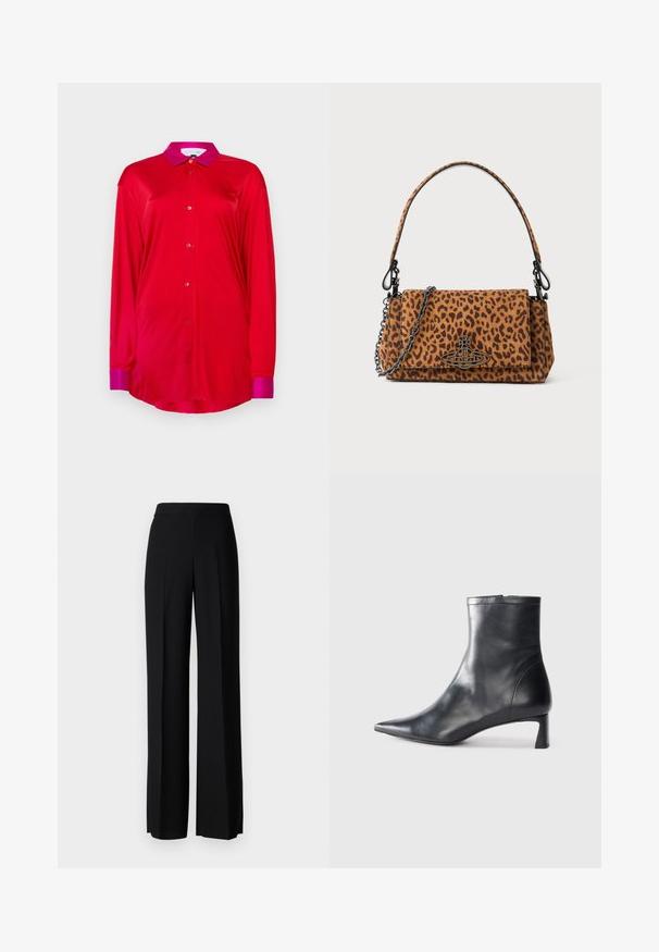 Red long-sleeve shirt in smooth fabric with a contrasting pink collar and cuffs, featuring a button-down front and a relaxed fit.; Black wide-leg trousers with a smooth texture, featuring a high waistband and center pleats. No visible patterns or hardware details.; Black leather ankle boot with a pointed toe and a sleek design. Features a low heel and a zipper closure at the back. Smooth texture.; Leopard print handbag made of suede with a short handle, a chain strap, and a black hardware clasp. Rectangular shape with a flap closure.; Weekend Max Mara SENAPE - Gloves - nero