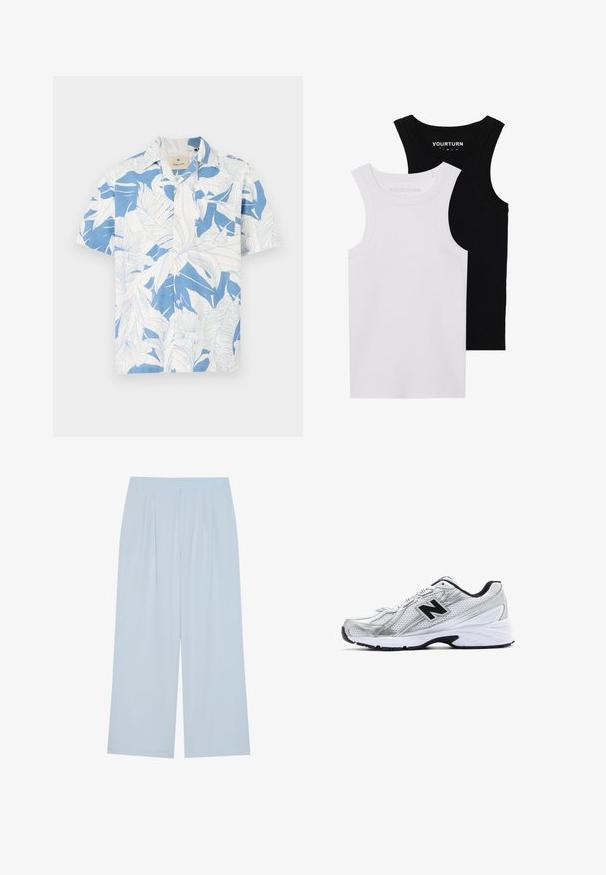 Short-sleeve shirt with a white and blue tropical leaf print, made of lightweight fabric. Features a classic collar and button front design.; Two fitted tank tops in black and white. Made of ribbed cotton, they feature wide straps and rounded necklines. Branding on the collar.; Light blue wide-leg trousers made from a smooth material, featuring front pleats and an elasticized waistband for comfort.; Silver athletic shoe with mesh material, black accents, perforated design, and a cushioned white sole. Features a prominent 'N' logo.
