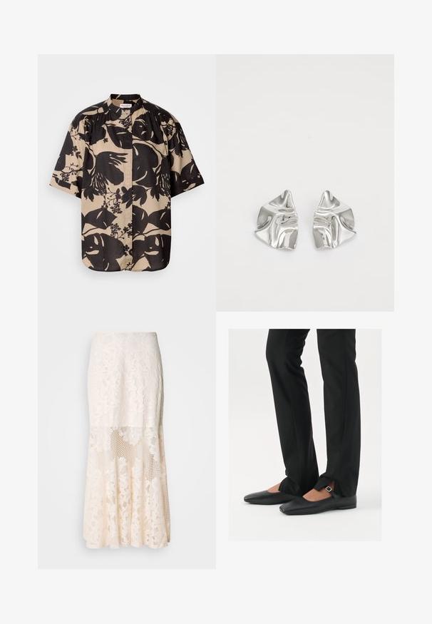Kortermet skjorte i beige med stort svart blomsterdesign, med stående krage og plisserte detaljer på skuldrene.; Blomsterbroderi midi skjørt i krem; har lagd design med gjennomsiktige seksjoner, teksturert blonde og flared kant.; Svart skinnballett-sko med spiss tå, stropp med sølvspenne, kombinert med svarte skreddersydde bukser med splitt i kanten.; Sølvmetall øredobber med et bølgete, skulpturelt design, preget av en polert finish og uregelmessige former, som fremhever en moderne estetikk.