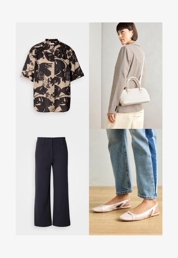 Short-sleeve shirt in beige with large black floral pattern, featuring a stand-up collar and pleated detailing on the shoulders.; Wide-leg trousers in dark navy fabric. Features a flat front, belt loops, and side pockets. The material is smooth with a slight stretch.; Pale pink slingback flats with a pointed toe, made from a smooth leather-like material. Features cut-out details at the sides and a flat heel.; White structured handbag with short handles and a shoulder strap, featuring gold hardware accents and textured material, displayed against a grey background.