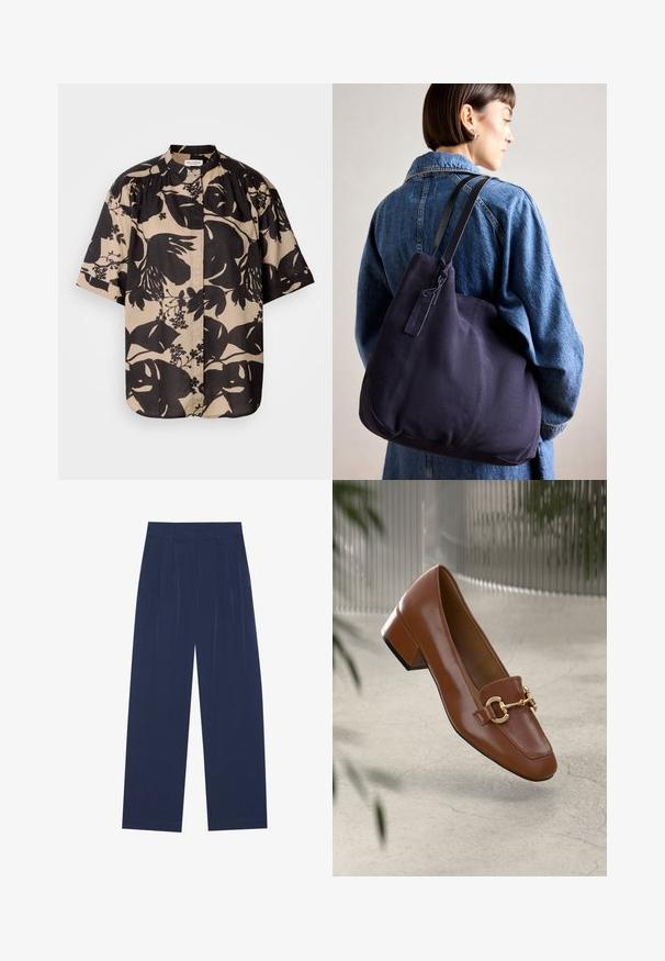Beige színű, rövid ujjú ing, nagy fekete virágmintával, álló gallérral és redőzött részletekkel a vállakon.; Sötétkék, bő szárú nadrág puha anyagból, elől redőkkel, sima textúrával, egyenes szabással, látható zsebek nélkül.; Barna lakkbőr loaferek négyzet alakú orral, fém lánc díszítéssel és alacsony blokk sarkú kialakítással; sima textúra, minimalista design.; Tengerészkék vászon válltáska, puha, struktúrált formával, fekete pánttal, varrott részletekkel és egy kis márkajelzéssel.