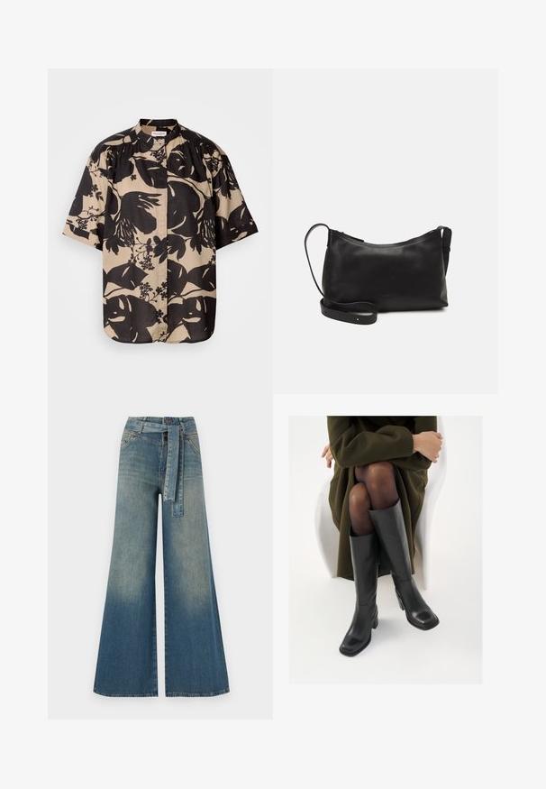 Kortærmet skjorte i beige med stort sort blomsterprint, prydet med krave og plisseret detalje på skuldrene.; Bredbens-denimbukser med en lys til mørk blå gradient, høj talje, bælteløkker og et matchende stofbælte. Tekstureret denimfinish.; Knæhøje sorte læder støvler med firkantet tå og blokhæl, vist med en model siddende i en olivengrøn frakke. Glat tekstur, minimal detaljer.; Sort læder skuldertaske med en glat tekstur, buet form, justerbar rem og lynlås. Minimalistisk design uden udsmykninger.