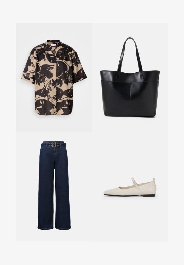 Beige színű, rövid ujjú ing, nagy fekete virágmintával, álló gallérral és redőzött részletekkel a vállakon.; Sötétkék, bőszárú farmernadrág, varrott zsebekkel és egy hozzáillő övvel, nagyméretű, téglalap alakú arany csattal.; Fehér bőr Mary Jane lapos cipők, hegyes orral, oldalsó csattal és alacsony fekete sarokkal. Simás textúra és minimalista dizájn.; Fekete bőr bevásárlótáska két hosszú fogantyúval, sima felülettel és strukturált formával. Elülső zseb található rajta a plusz tárolás érdekében.