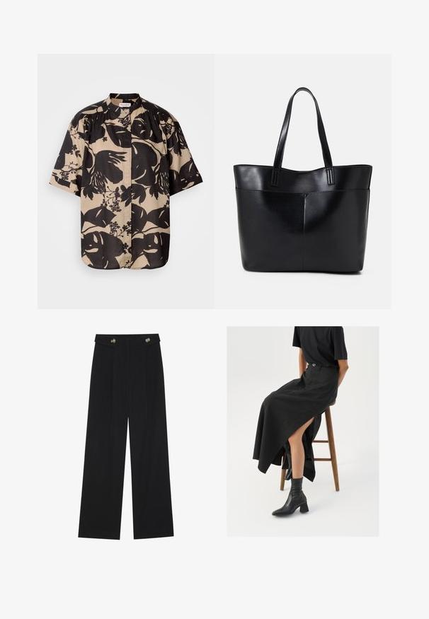 Kortærmet skjorte i beige med stort sort blomsterprint, prydet med krave og plisseret detalje på skuldrene.; Sorte vide bukser med høj talje, knapdetaljer på taljebåndet og frontfald.; Sort linned maxi-nederdel med en høj slids, båret med en sort t-shirt og sorte ankelstøvler. Minimalistisk design med en afslappet pasform.; Sort læder tote taske med to lange håndtag, en glat tekstur og en struktureret form. Har en forlommem for ekstra opbevaring.