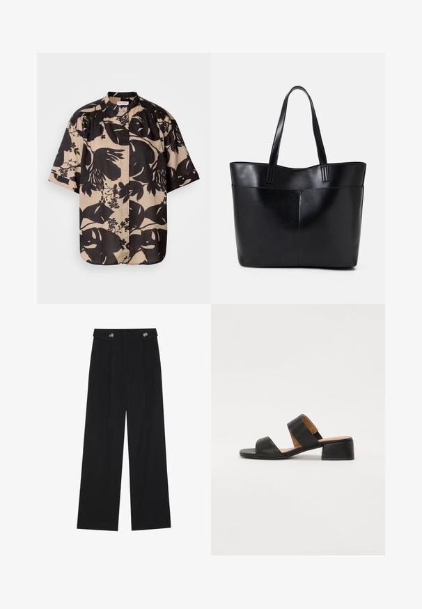 Krašu krekls ar īsām piedurknēm bežā krāsā ar lielu melnu ziedu rakstu, ar stāvošu apkakli un plecu krokām.; Melnas platās bikses ar augstu jostasvietu, pogu detaļām uz jostas un priekšējām krokām.; Melna ādas sandaļa ar divām platām siksnām pāri kājai, kvadrātveida purngala un zemu blokveida papēdi. Gluda virsma un minimālistisks dizains.; Melnas ādas iepirkumu soma ar divām garām rokturām, gludu tekstūru un strukturētu formu. Iekļauj priekšējo kabatu papildu uzglabāšanai.