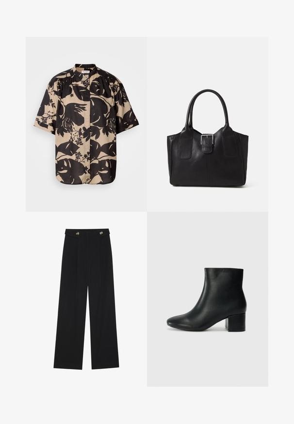 Kortærmet skjorte i beige med stort sort blomsterprint, prydet med krave og plisseret detalje på skuldrene.; Sorte vide bukser med høj talje, knapdetaljer på taljebåndet og frontfald.; Sorte læder ankelstøvler med spids tå og en kraftig hæl. Glat tekstur med minimale detaljer og et slankt, tætsiddende design.; Sort læder tote taske med glat tekstur, struktureret form, to håndtag og en fremtrædende sølvspænde detalje på forsiden.