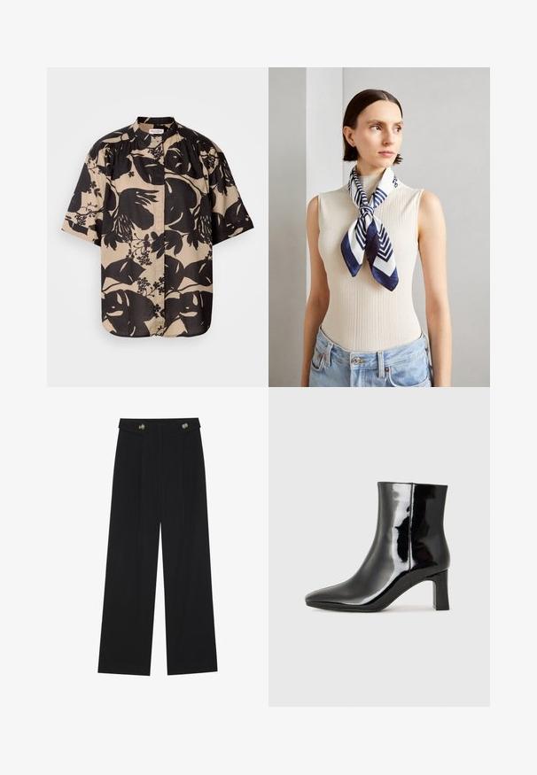 Short-sleeve shirt in beige with large black floral pattern, featuring a stand-up collar and pleated detailing on the shoulders.; Black wide-leg trousers with high waist, button details on waistband, and front pleats.; Black patent leather ankle boot with a pointed toe and a mid-height block heel. Smooth texture and minimalist design.; Silk scarf in navy blue and white with a geometric zigzag pattern. Smooth texture, tied neatly around the neck, complementing a ribbed top.