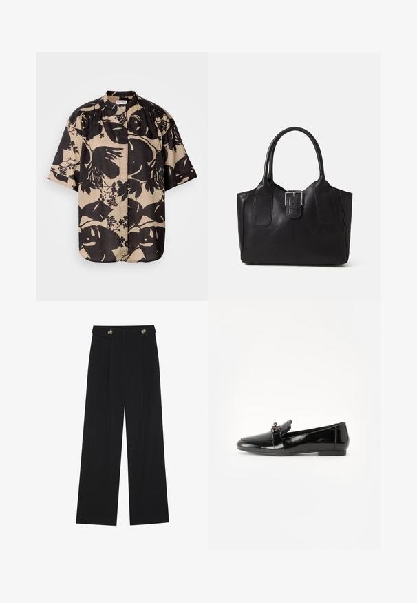 Košile s krátkým rukávem v béžové barvě s velkým černým květinovým vzorem, s límcem do stojáčku a nabíranými detaily na ramenou.; Černé široké kalhoty s vysokým pasem, detailní knoflíky na pase a přední záhyby.; Černé lakované mokasíny s plochou podrážkou, zaoblenou špičkou a ozdobným páskem se zlatým akcentem. Hladký, lesklý povrch.; Černá kožená tote taška s hladkým povrchem, strukturovaným tvarem, dvěma uchy a výrazným stříbrným detailem s přezkou na přední straně.
