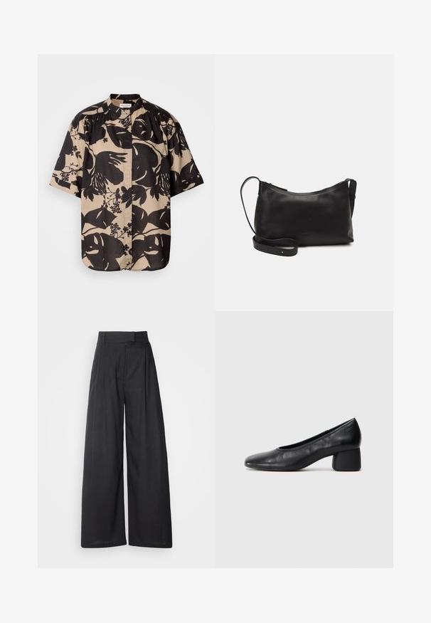 Korte mouwen shirt in beige met een groot zwart bloemmotief, voorzien van een staande kraag en geplooide details op de schouders.; Donker, wijde broeken met een gestructureerde tailleband en plooien. Gemaakt van lichte stof, met een gladde textuur en zonder zichtbare patronen.; Zwarte leren pump met een ronde neus en een middenblokhak. Glad textuur met minimale details, voorzien van een subtiele elastische opening.; Zwarte leren schoudertas met een gladde textuur, gebogen vorm, verstelbare schouderband en een ritsafsluiting. Minimalistisch ontwerp zonder versieringen.
