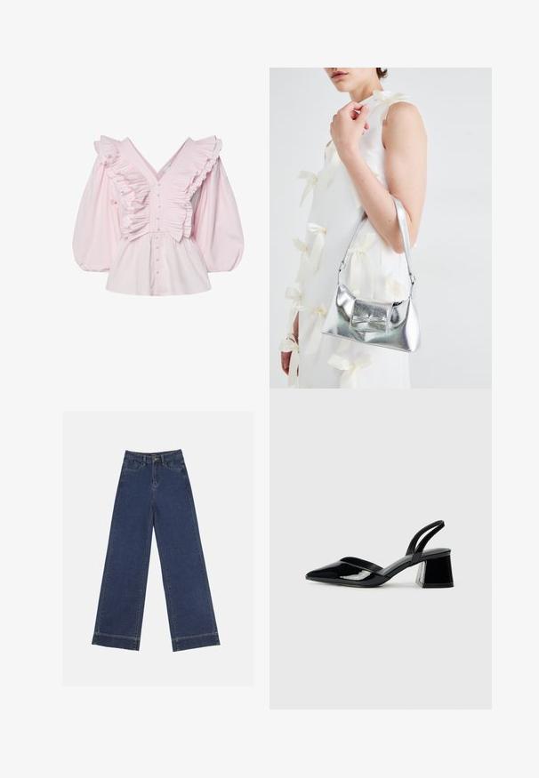Pink cotton blouse featuring a deep V-neck, ruffled detailing along the bodice, and voluminous puffed sleeves with button closure.; Wide-leg jeans in dark blue denim. Features five pockets, belt loops, and a raw hem at the bottom with visible stitching details.; Black patent leather slingback heels with a pointed toe and a geometric block heel. Features a sleek, minimal design and smooth texture.; Silver metallic handbag with a structured shape, featuring a top handle and bow detail on the front. Smooth texture, reflective finish.