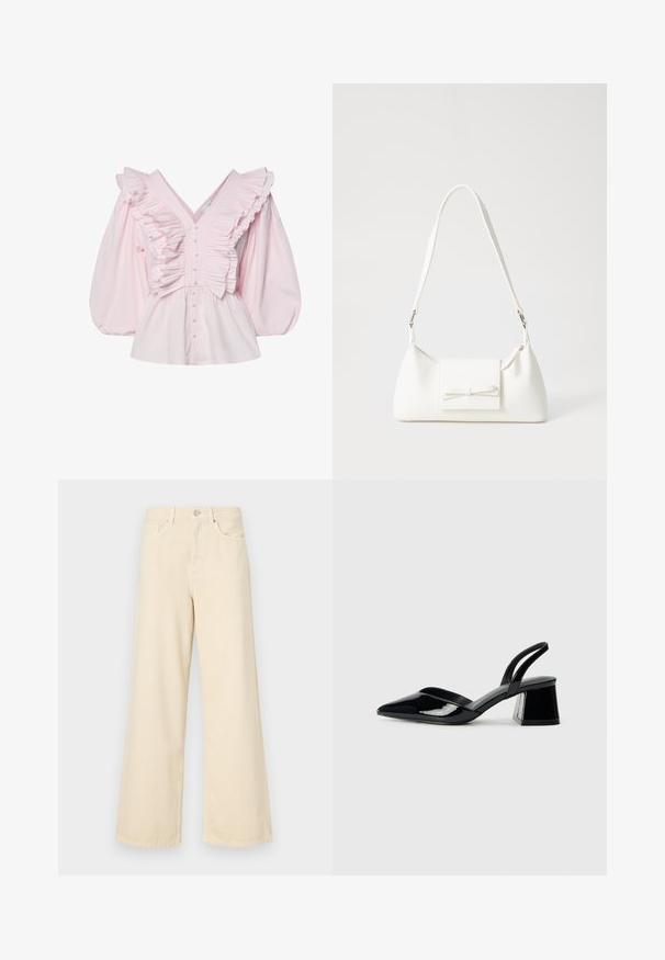 Rožinė medvilninė palaidinė su giliu V formos kaklu, raukinių detalėmis palei liemenį ir apimtinėmis pūstomis rankovėmis su sagų uždarymu.; Bežinės plačios kojos džinsai, pagaminti iš medvilnės. Turintys sagos uždarymą, diržo kilpas ir priekinės kišenes su lygia, švelnia tekstūra.; Juodos lakuotos odinės šlepetės su smailiu pirštu ir geometriniu bloko kulnu. Turi elegantišką, minimalistinį dizainą ir lygų paviršių.; Balta sintetinė rankinė trikampio formos, plokščiu priekiu su užsegimu, kaspino detale, reguliuojama dirželiu, lygia tekstūra ir minimalistišku dizainu.