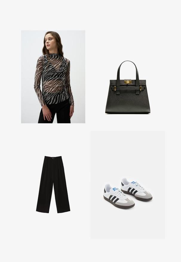 Top trasparente a maniche lunghe con motivo a zebra in tonalità di nero e marrone, con sottili accenti luminosi e colletto alto.; Pantaloni neri a gamba larga con vita alta, dotati di una cintura in vita e pieghe per aggiungere texture. Realizzati in un tessuto morbido e leggero.; Scarpe sportive con tomaia in pelle bianca, punta in suede grigia e tre strisce nere. Presentano un logo blu sulla linguetta e una suola in gomma testurizzata.; Borsa a tracolla nera con manici corti, dotata di una chiusura e dettagli in oro. Il design è strutturato, con una silhouette geometrica.