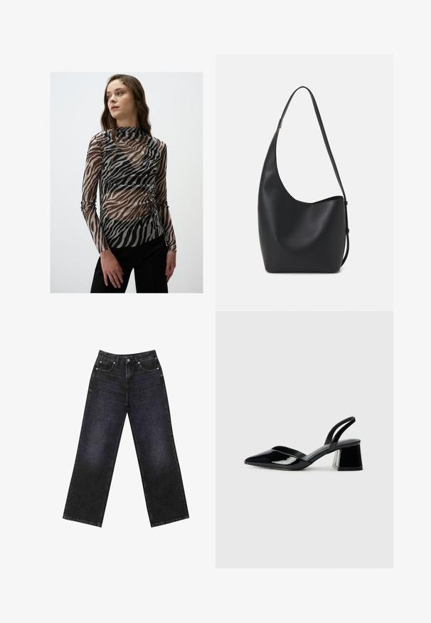 Durchsichtige Langarm-Bluse mit einem Zebra-Druckmuster in Schwarz- und Brauntönen, die subtile Glitzerelemente und einen hohen Ausschnitt aufweist.; Hoch taillierte schwarze Jeans aus Denim mit weitem Bein, Fünf-Taschen-Design und sichtbaren Nähten. Der Stoff hat eine glatte, leicht strukturierte Oberfläche.; Schwarze Lackleder-Slingback-High Heels mit spitzem Schuh und einem geometrischen Blockabsatz. Verfügt über ein schlankes, minimalistisches Design und eine glatte Textur.; Schwarze Leder-Hobo-Tasche mit einer glatten Textur, geschwungener Form und einem einzelnen verstellbaren Tragegurt; verfügt über eine weite Öffnung am oberen Ende.