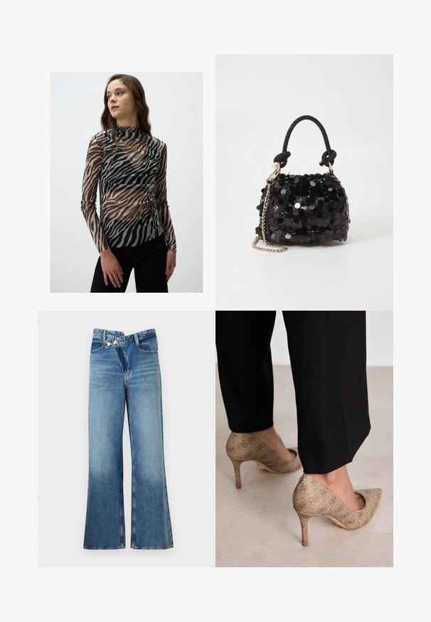 Sheer long-sleeve top with a zebra print pattern in black and brown tones, featuring subtle sparkling accents and a high neckline.; Light blue denim flared jeans with a high waist, featuring two buttons and front pockets. Fabric has a faded texture with subtle variations.; Beige high-heeled shoes with a textured fabric featuring a repeating pattern. Pointed toe design with a back accent and gold heel detail.; Black sequin mini handbag with a knotted textured strap and silver chain. Rounded shape with gathered top and reflective detailing.