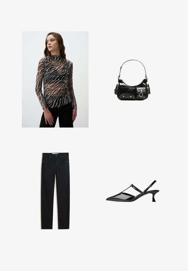 Transparante top met lange mouwen in een zebra-afdrukpatroon in zwart en bruin tinten, met subtiele sprankelende accenten en een hoge hals.; Zwarte denimbroek met een recht silhouet, vijf zakken, metalen knoopsluiting en subtiele stikdetails. Gladde textuur.; Zwarte patenten leren slingback-hakken met een puntige neus, kruisbandontwerp en een taps toelopende mid-hak. Glad, glanzend afwerking met uitsnijdetails.; Zwarte laarzen in lakleer met een gebogen vorm, één schouderband, voorvakken en accenten in zilverkleurig metaal.