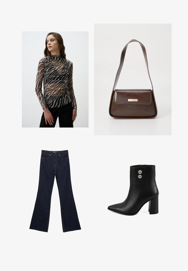 Durchsichtige Langarm-Bluse mit einem Zebra-Druckmuster in Schwarz- und Brauntönen, die subtile Glitzerelemente und einen hohen Ausschnitt aufweist.; Dunkelblaue Jeans mit ausgestelltem Bein, ausgestattet mit einem klassischen Fünf-Taschen-Design und sichtbaren Nähten. Der Stoff hat eine glatte Textur mit minimalen Verblassungen.; Schwarze Leder-Ankle-Boots mit spitzem Zehen, Blockabsatz, seitlichem Reißverschluss und zwei dekorativen silbernen Knöpfen an der Außenseite.; Braune Lederschultertasche mit strukturierter Form, ausgestattet mit einem magnetischen Klappenverschluss und einem metallischen Logoakzent auf der Vorderseite.