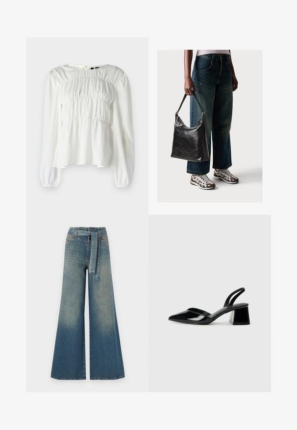 Blusa bianca con scollo rotondo, maniche lunghe e texture arricciata sul corpo. Presenta maniche a sbuffo e un orlo fluido.; Pantaloni in denim a gamba larga con una sfumatura che va dal blu chiaro al blu scuro, vita alta, passanti per cintura e una cintura in tessuto coordinato. Finitura in denim strutturato.; Décolleté in vernice nera con punta affusolata e tacco in geometria cubica. Presentano un design elegante e minimalista, con una texture liscia.; Borsa a tracolla nera in pelle con una texture liscia e tracolla regolabile, abbinata a jeans ampi sbiaditi e sneakers sportive.